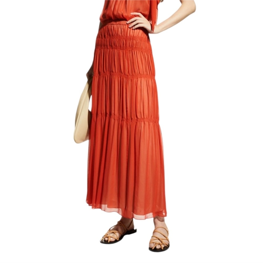 Theory Womens Tiered Crinkle Silk Chiffon Maxi Skirt Dark Coral Skirt Large